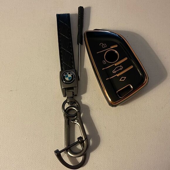 BMW Logo key fob Keychain Black Leather & Key Fob Cover in Black NWT - Picture 1 of 6